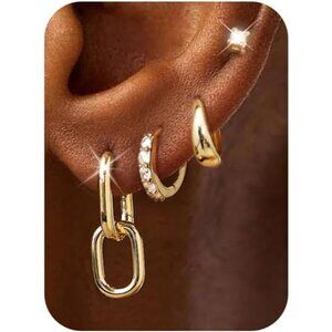 14K Gold Plated Hypoallergenic Link Huggie Earrings Stack Set for Women